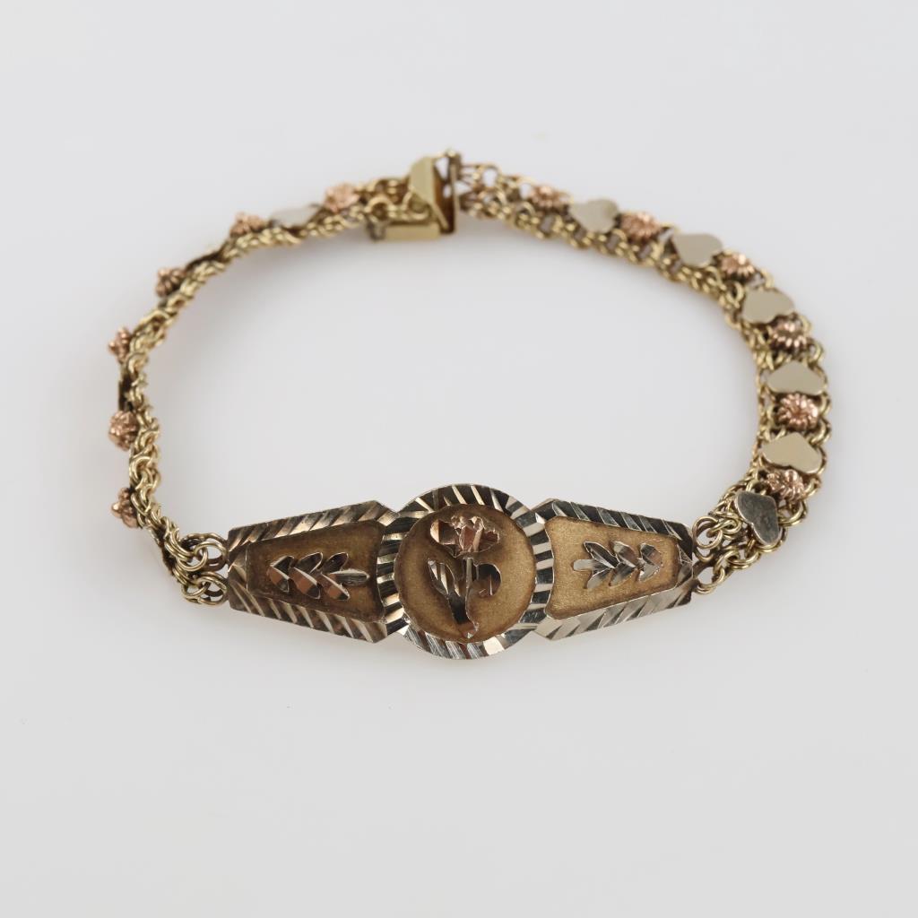 10kt Tri Colored Gold Heart And Flower ID Bracelet