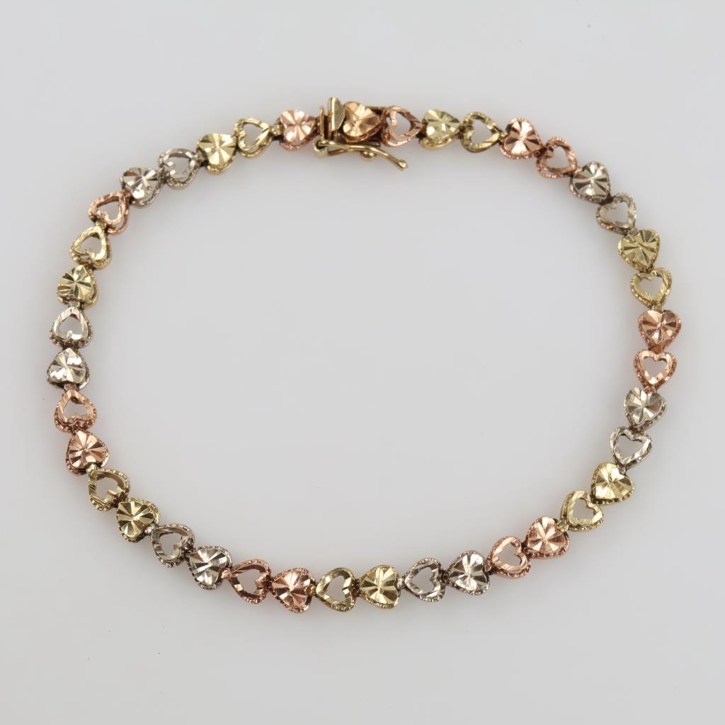 10kt Tri Colored Gold Heart Bracelet