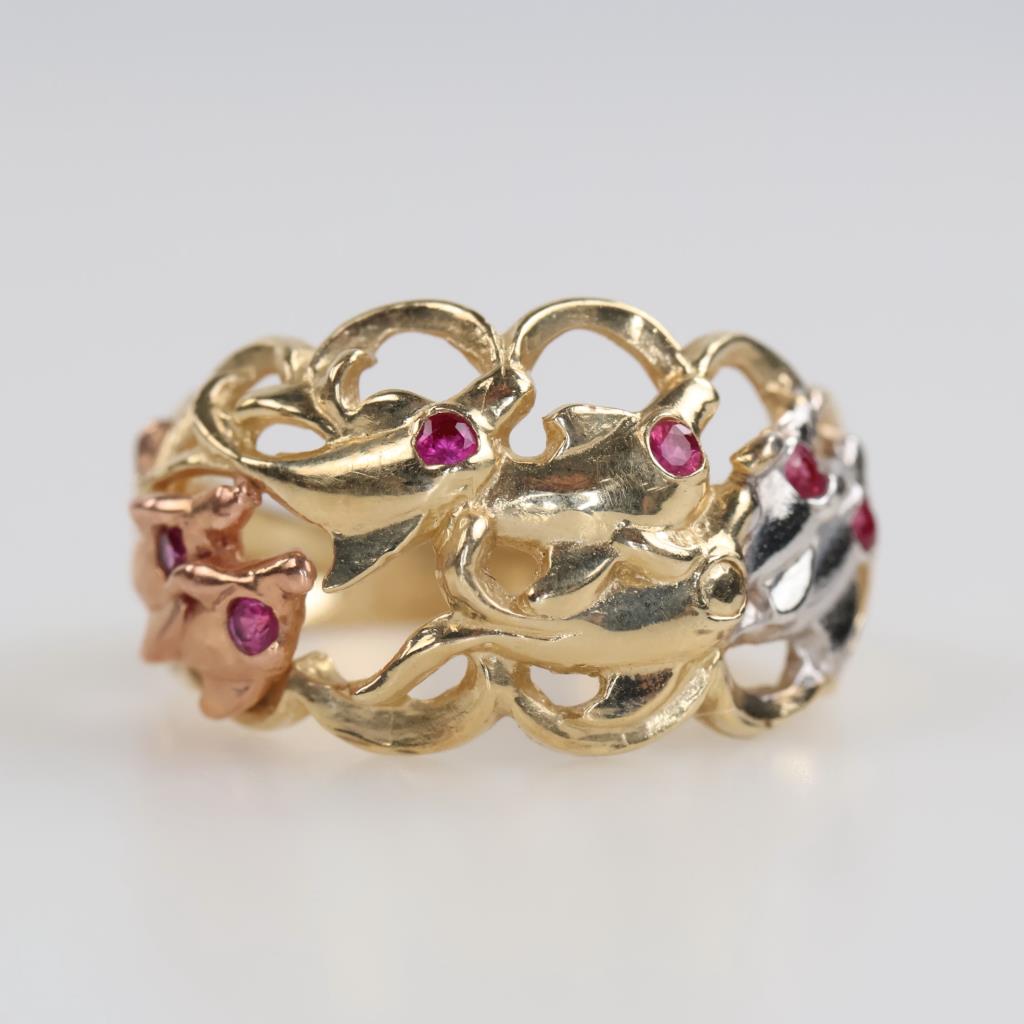 10kt Tri Colored Gold Red Stone Dolphin Ring