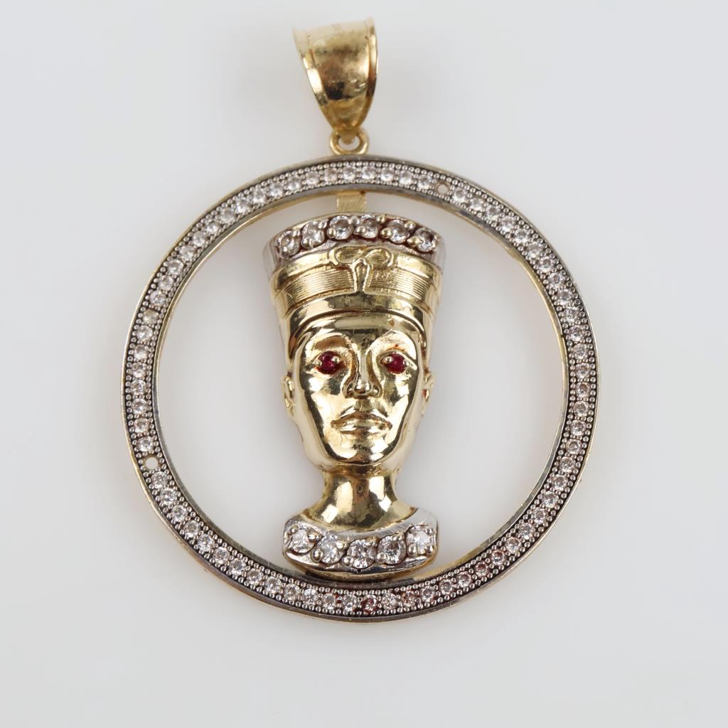10kt Two Tone Gold Clear Stone Red Stone Accent Nefertiti Hollow Pendant