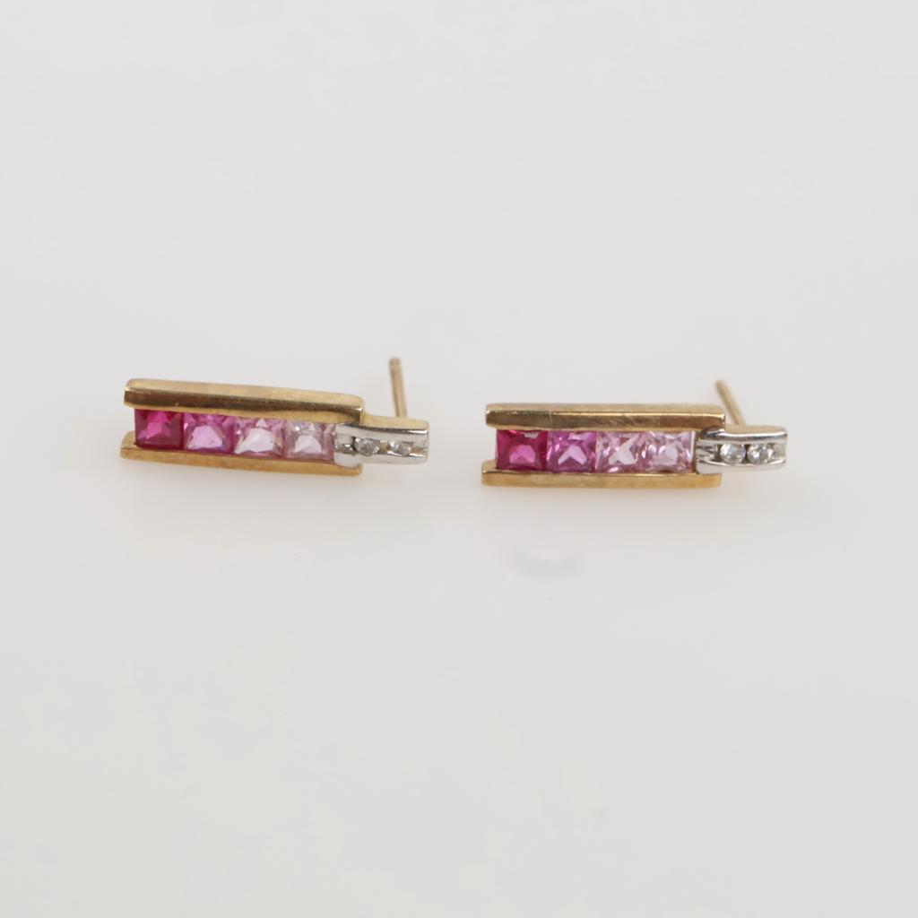 10kt Two Tone Gold Pink Stone Diamond Accent Earrings