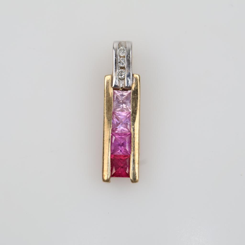 10kt Two Tone Gold Pink Stone Diamond Accent Pendant