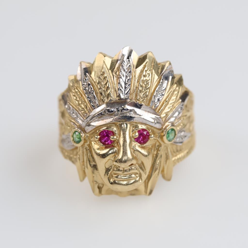 10kt Two Tone Gold Red And Green Stone Indian Head Ring