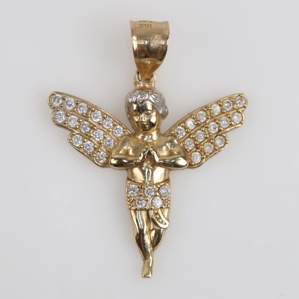 10kt Two Tone Gold Semi-Hollow Clear Stone Pendant