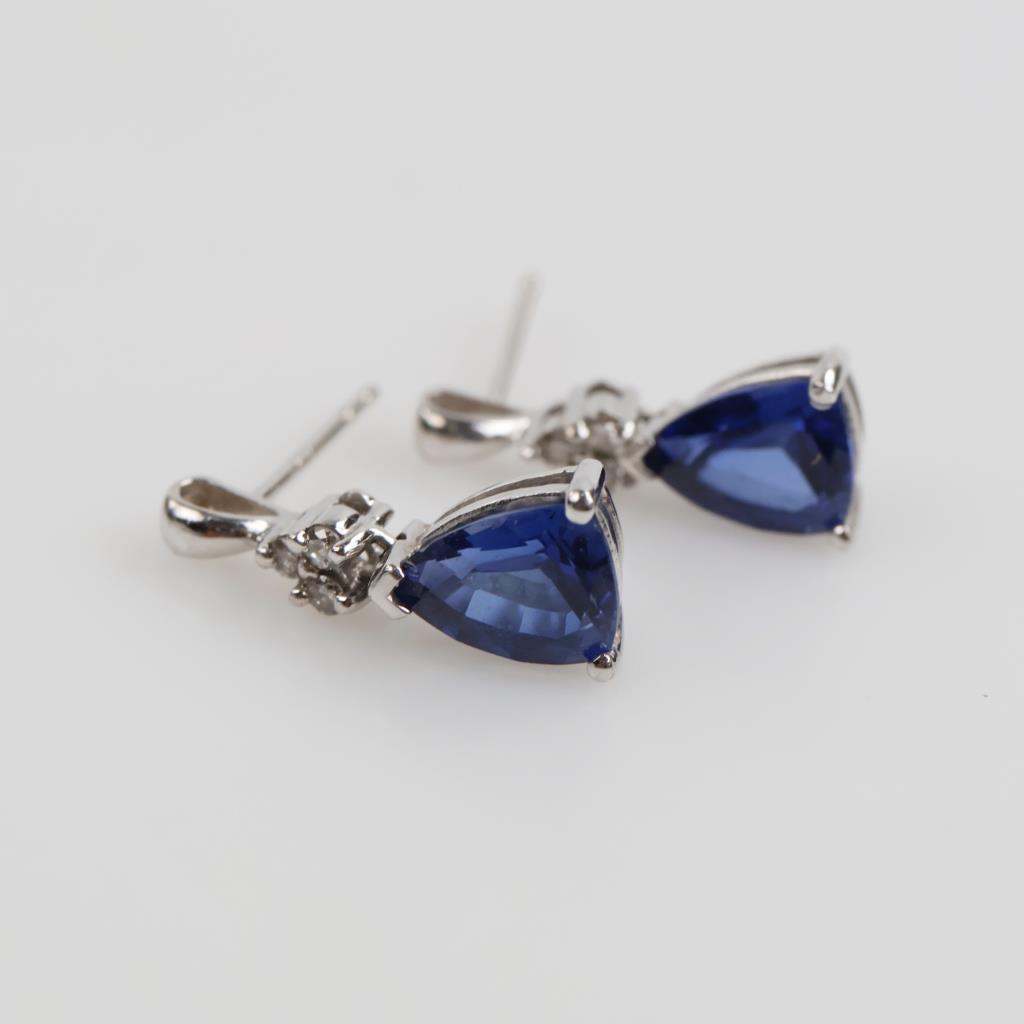 10kt White Gold Blue Stone Diamond Accent Earrings