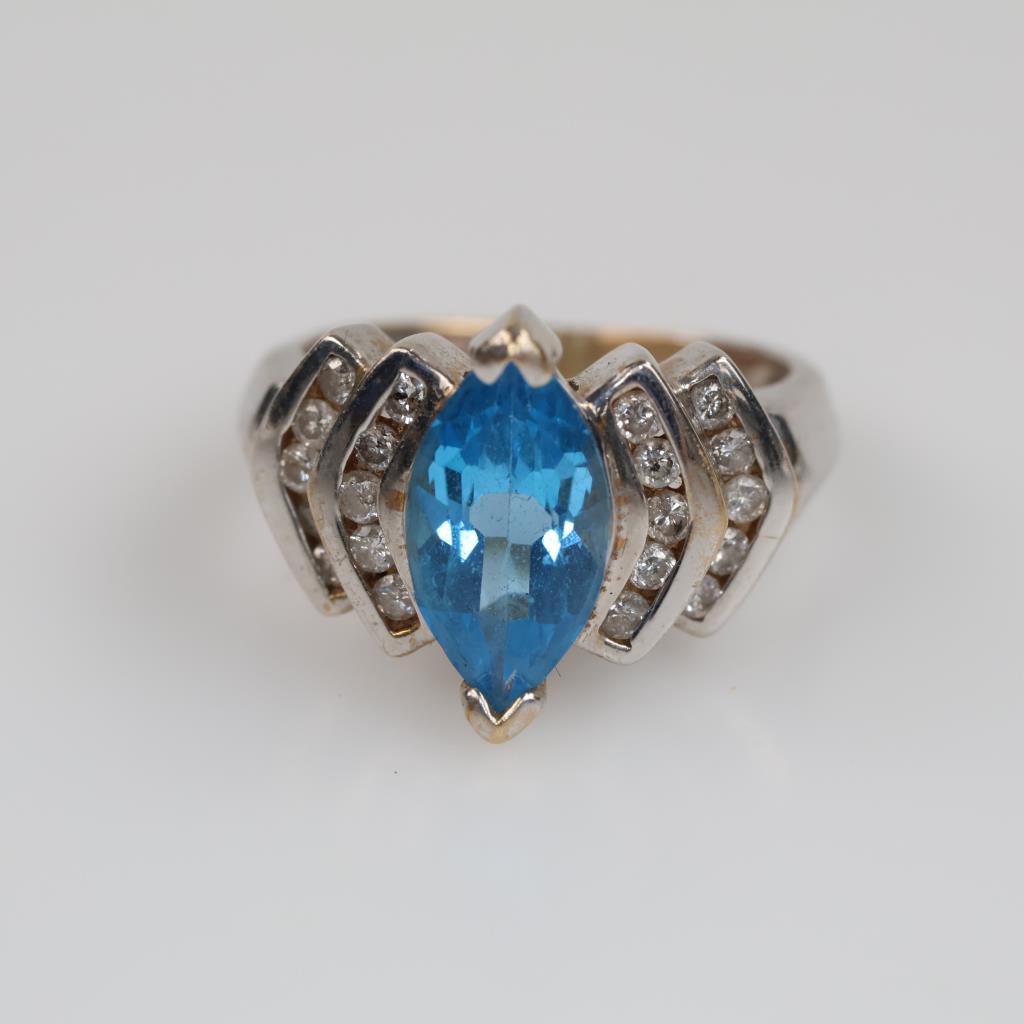 10kt White Gold Blue Stone Diamond Accent Ring