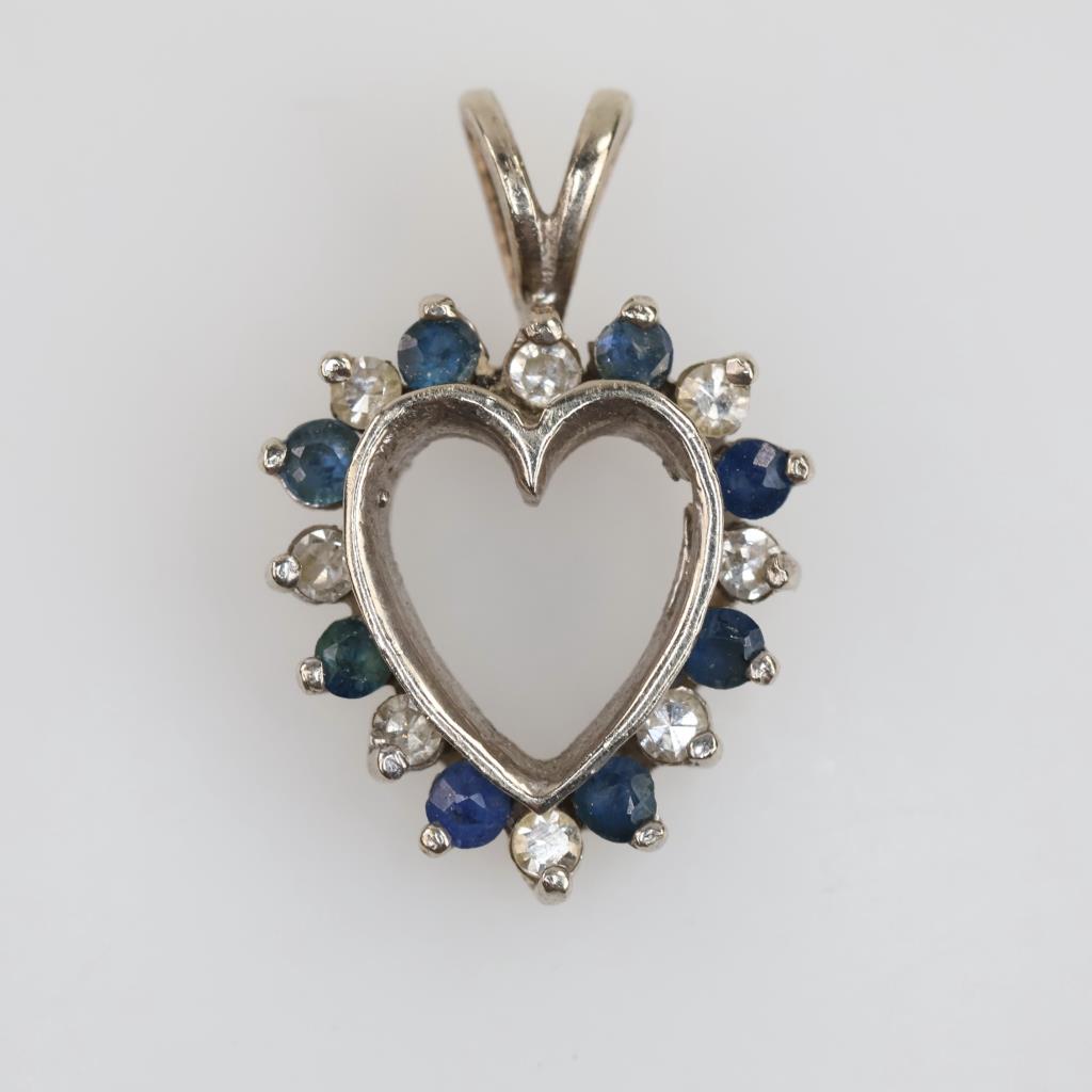 10kt White Gold Clear & Blue Stone Open Heart Pendant