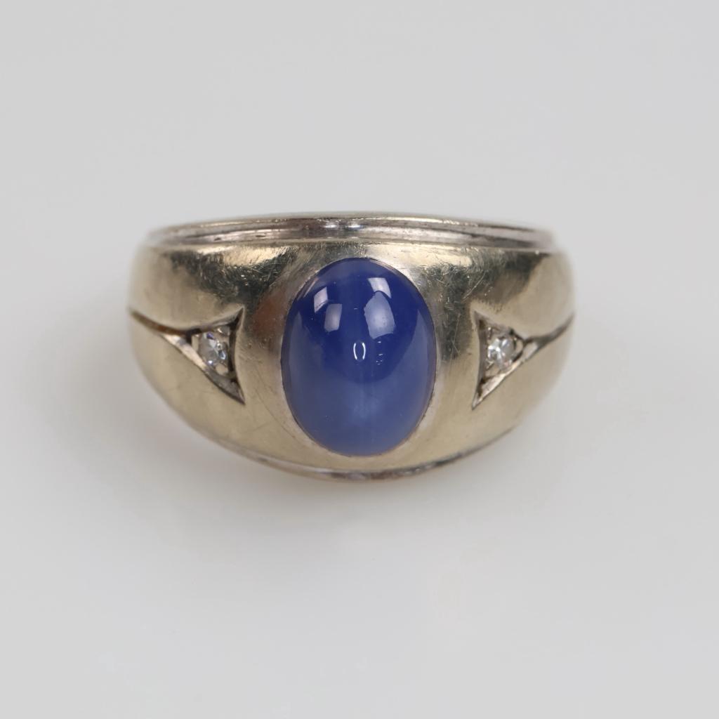 10kt White Gold Diamond And Blue Stone Ring