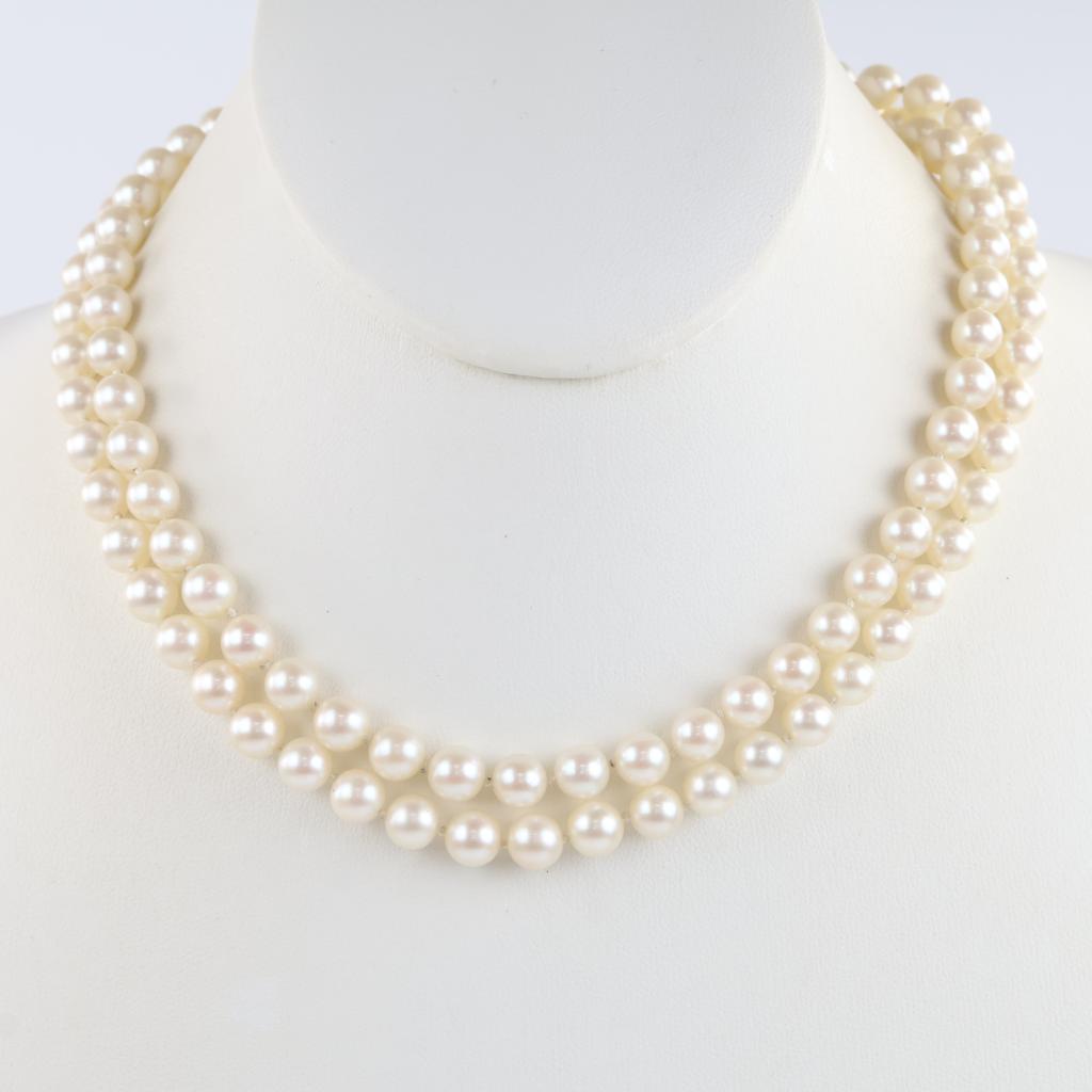 10kt White Gold Double Strand Pearl And Diamond Clasp Necklace ...
