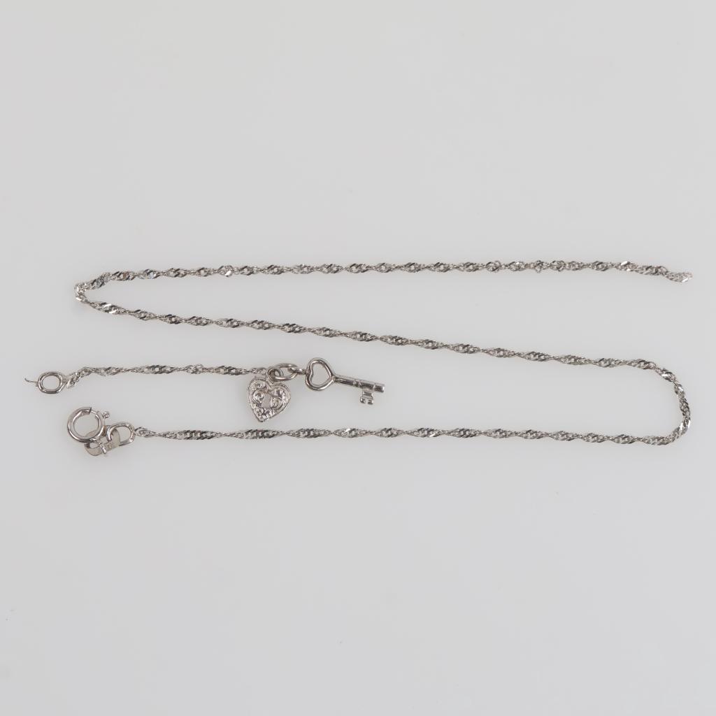 10kt White Gold Heart Lock And Key Anklet