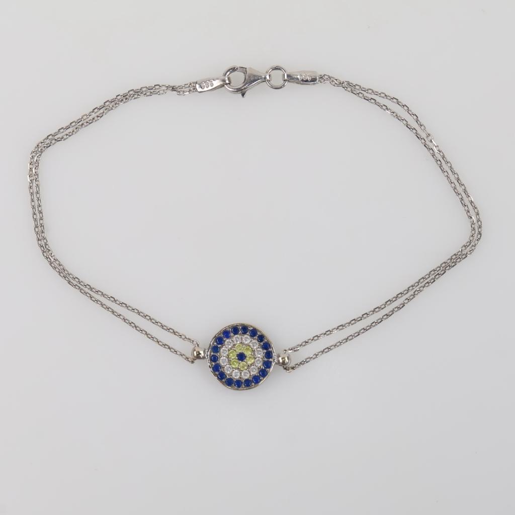 10kt White Gold Multi-color Stone Double Strand Evil Eye Pendant Bracelet
