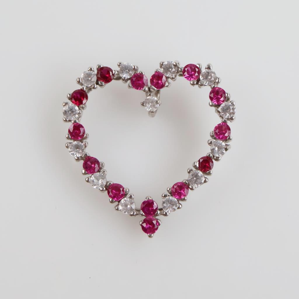 10kt White Gold Pink & Clear Stone Heart Pendant
