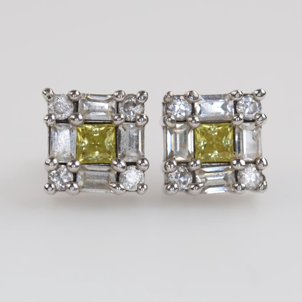 10kt White Gold Yellow & Clear Stone Square Stud Earrings