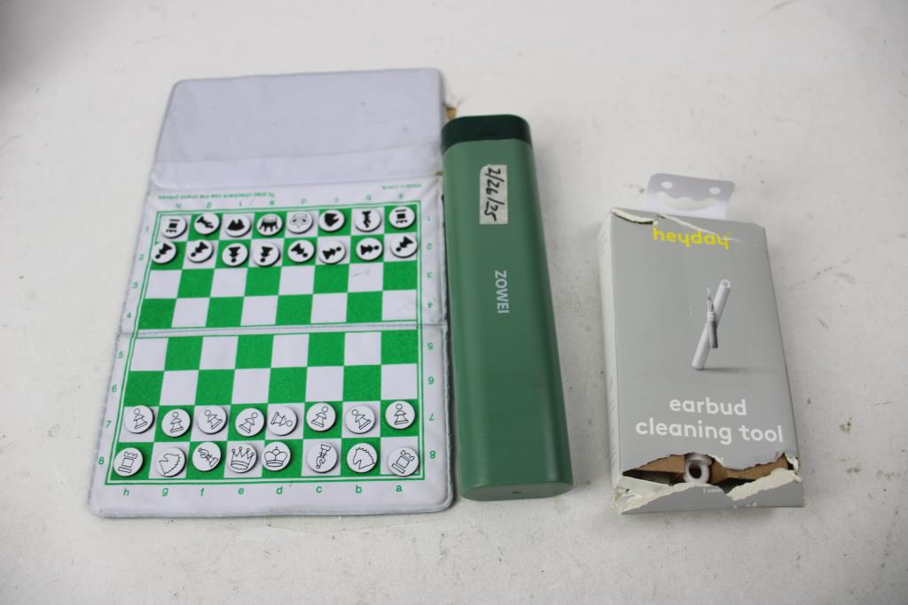 12V Oscillating Fan, Earbud Cleaning Tool, Magnetic Chess, And More, 7 Pieces