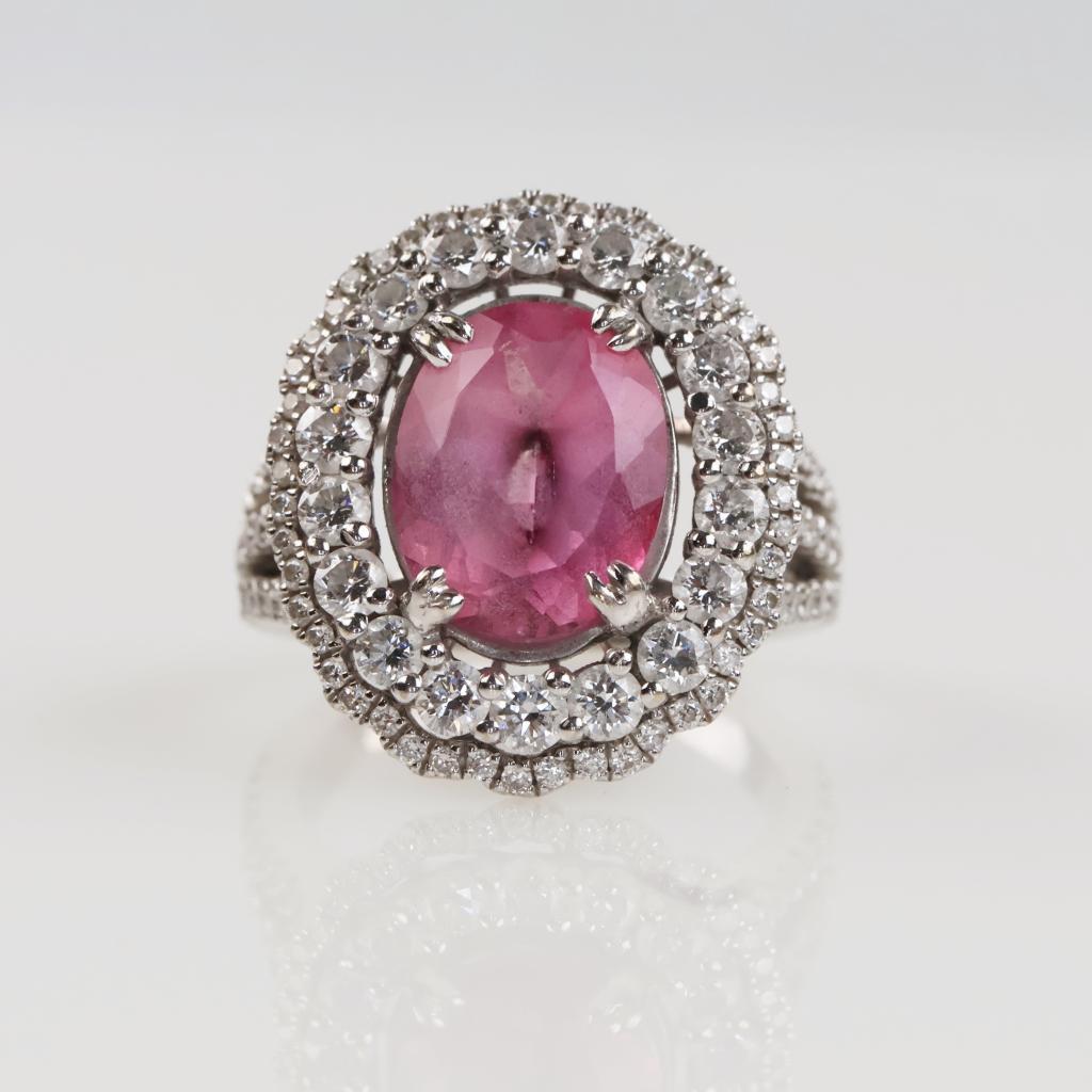 1.42ctTW Diamond Pink Topaz 18kt White Gold Halo Ring - Evaluated By Certified Gemologist-AGS/GIA