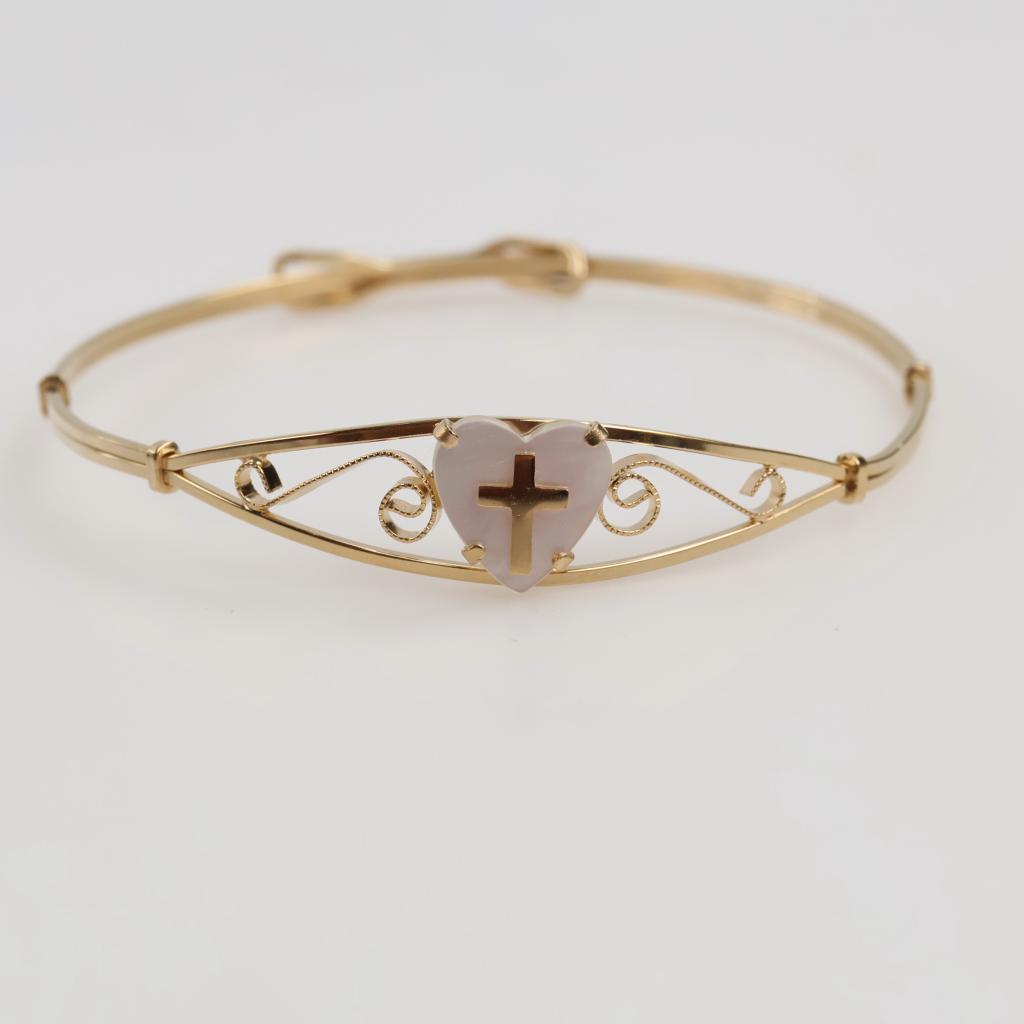 14kt GF Iridescent Stone Religious Heart Bangle Bracelet