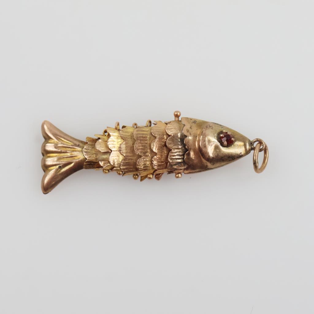14kt Gold Articulated Fish Pendant, Red Stone Eyes