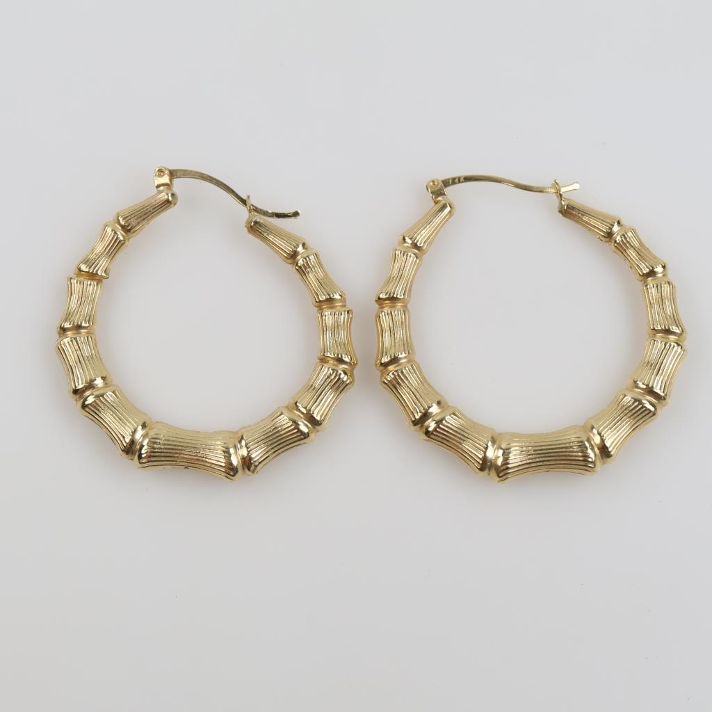 14kt Gold Bamboo Style Hollow Hoop Earrings