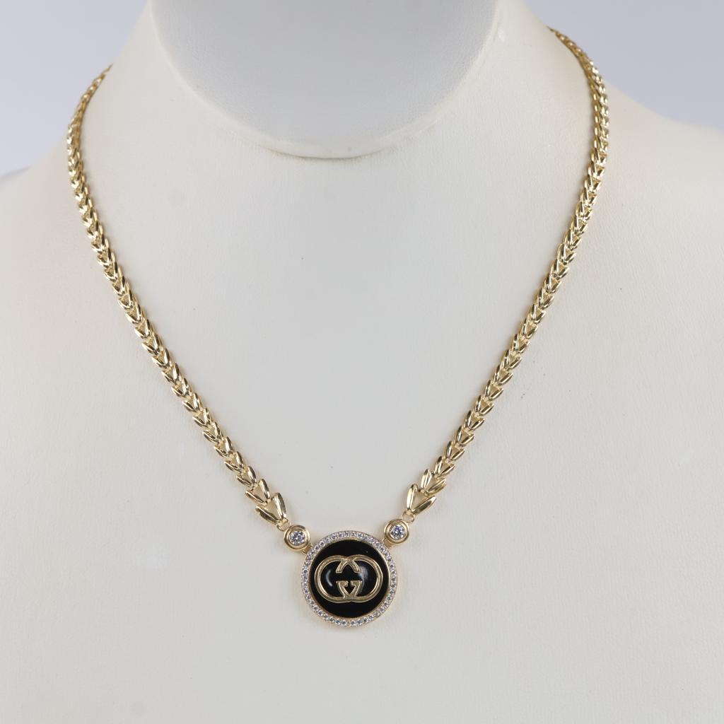 14kt Gold Black And Clear Stone Hollow Link Pendant Necklace