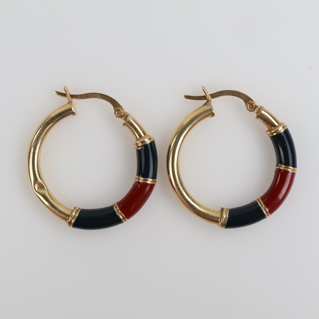 14kt Gold Black & Red Hollow Hoop Earrings