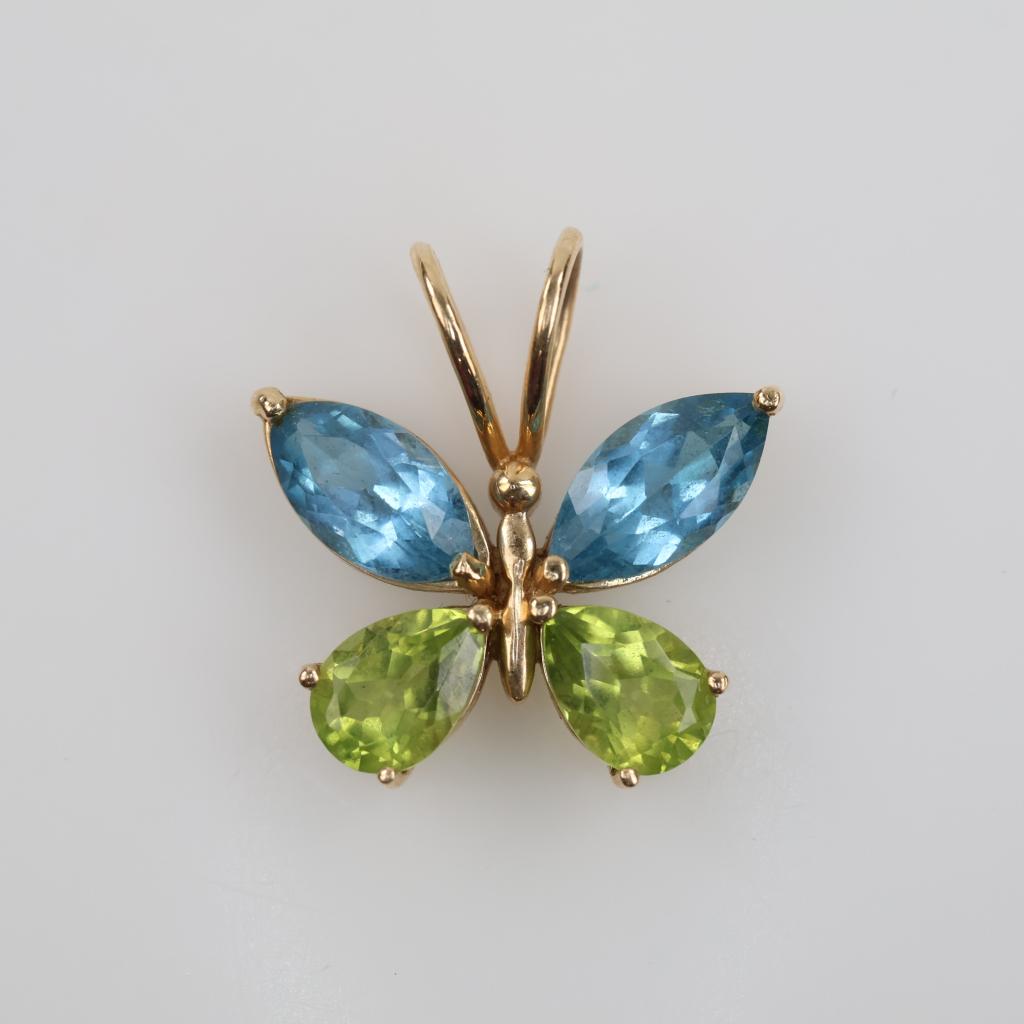 14kt Gold Blue & Green Stone Butterfly Pendant