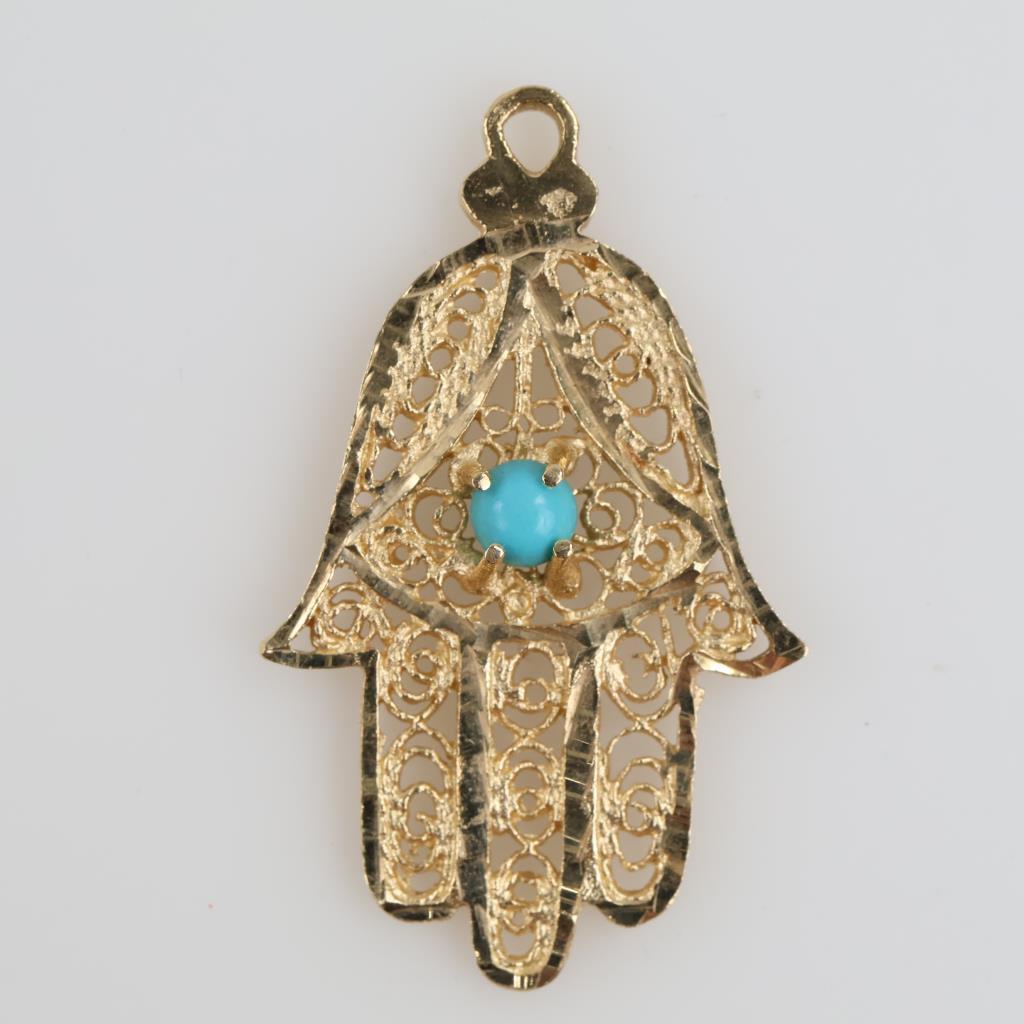 14kt Gold Blue Stone Hamsa Pendant