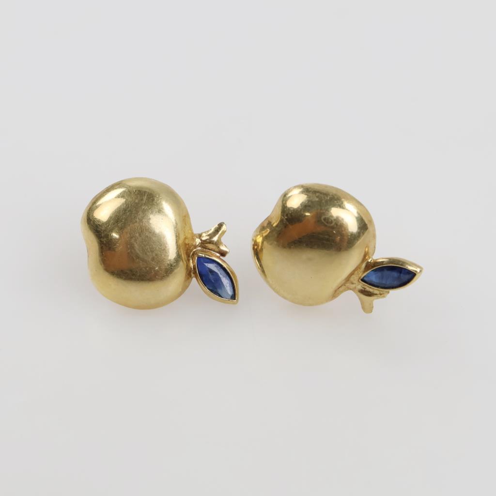 14kt Gold Blue Stone Hollow Apple Stud Earrings
