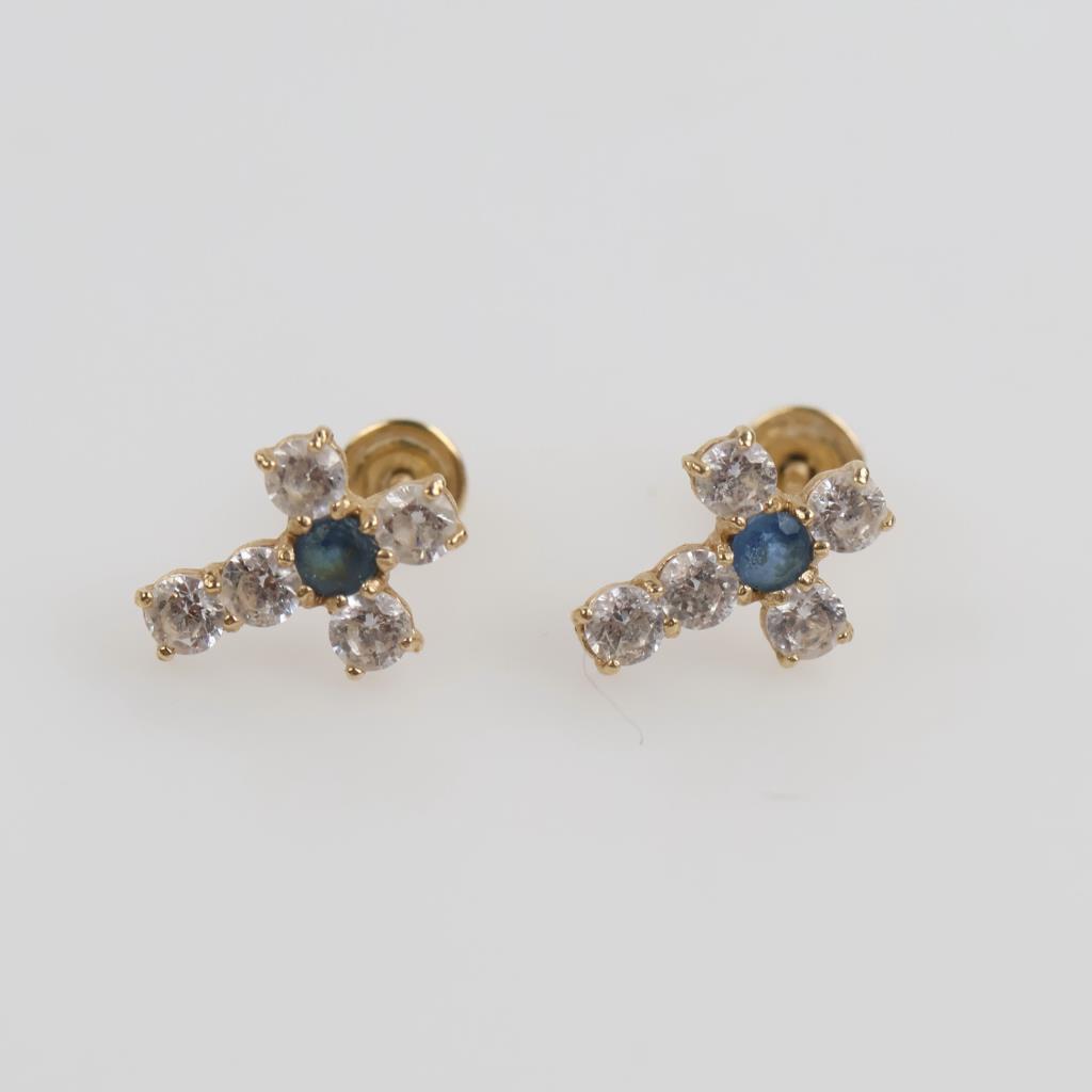 14kt Gold Clear & Blue Stone Cross Stud Earrings