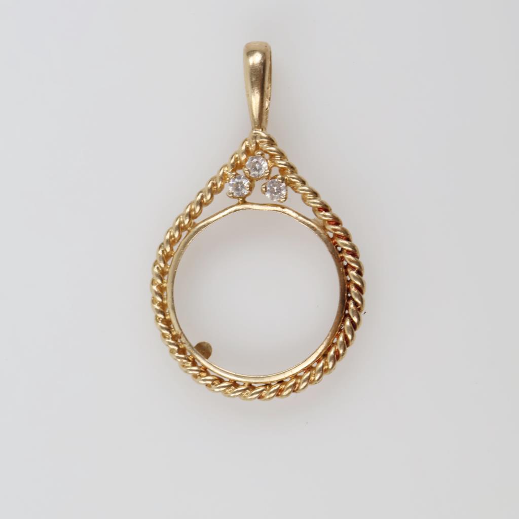 14kt Gold Clear Stone Coin Frame Pendant