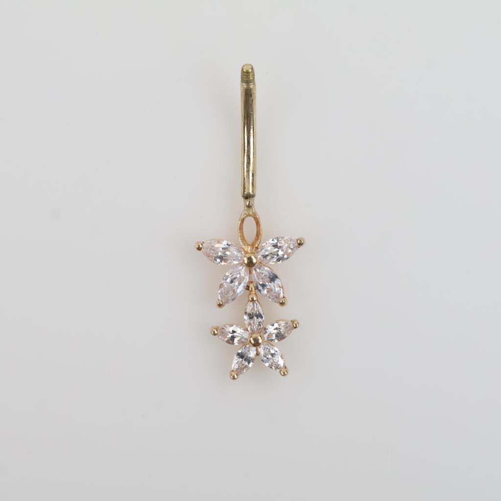 14kt Gold Clear Stone Dangle Belly Button Ring
