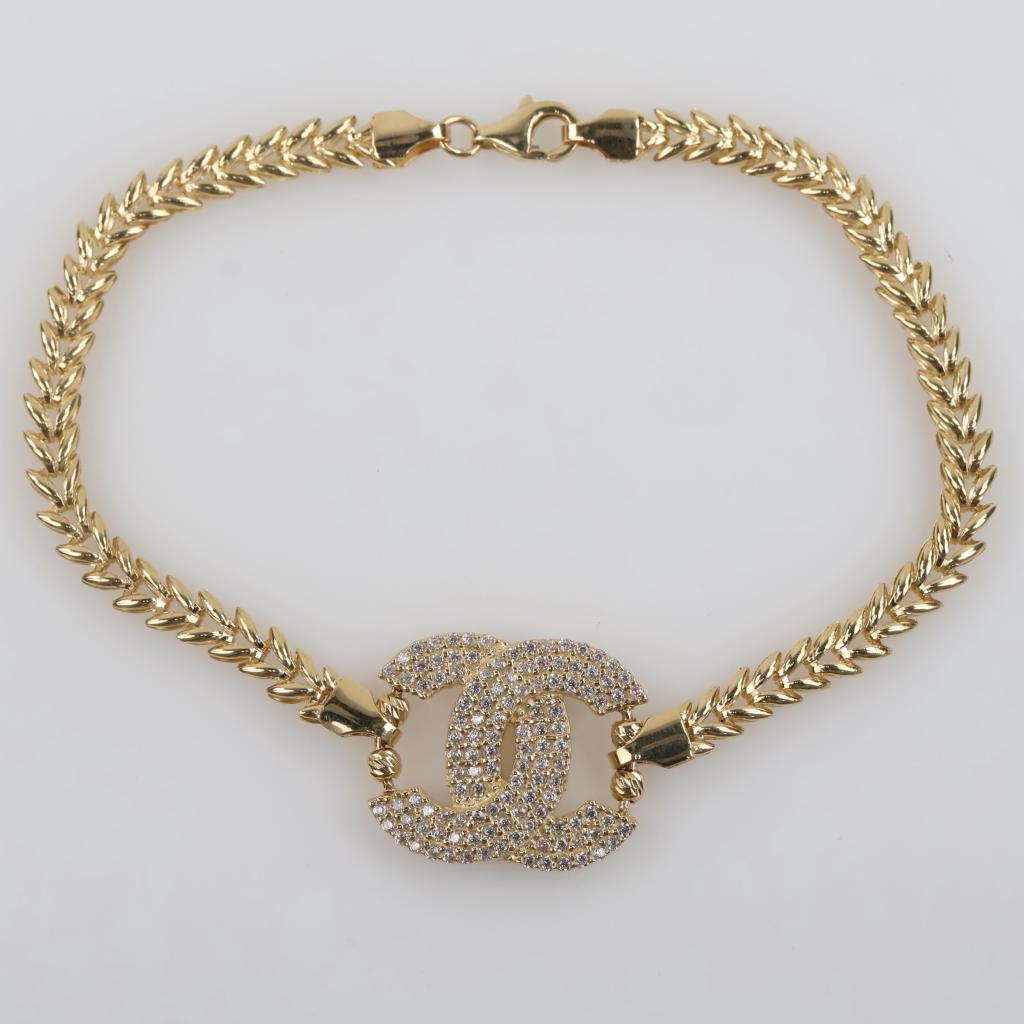 14kt Gold Clear Stone Hollow Link Pendant Bracelet