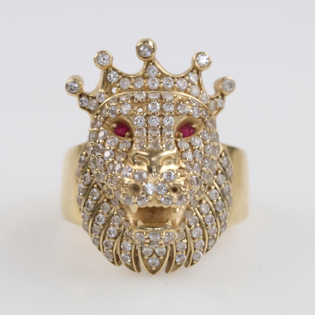 14kt Gold Clear Stone Pink Stone Accent Lion Ring