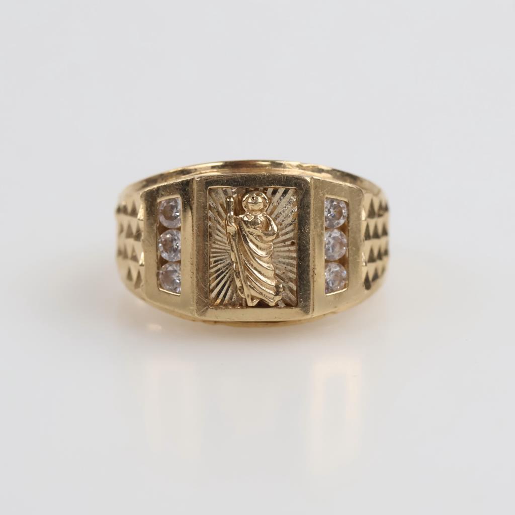 14kt Gold Clear Stone Religious Signet Ring | Property Room