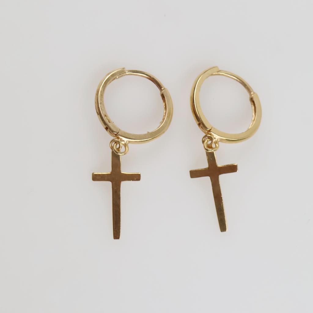 14kt Gold Cross Dangle Huggie Hoop Earrings