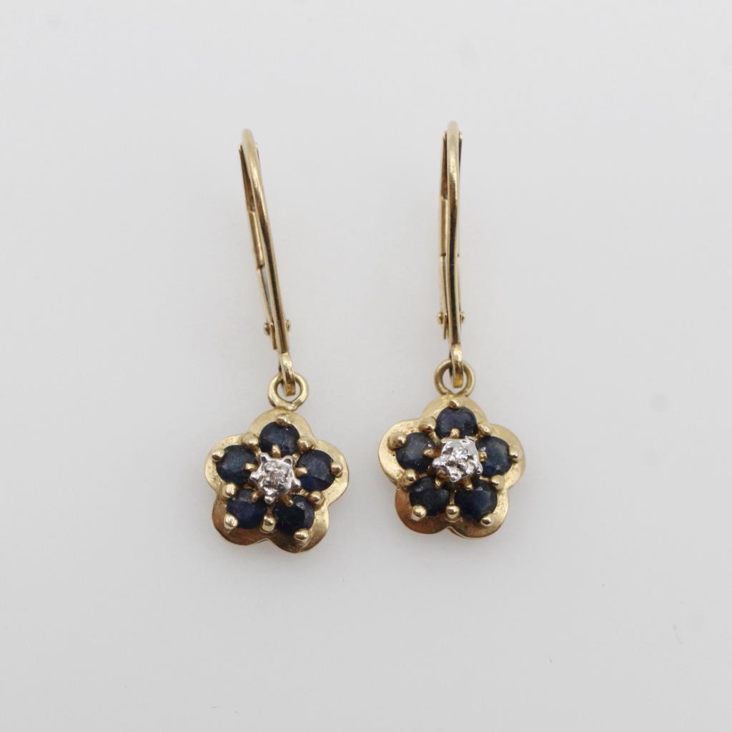 14kt Gold Diamond And Blue Stone Flower Earrings