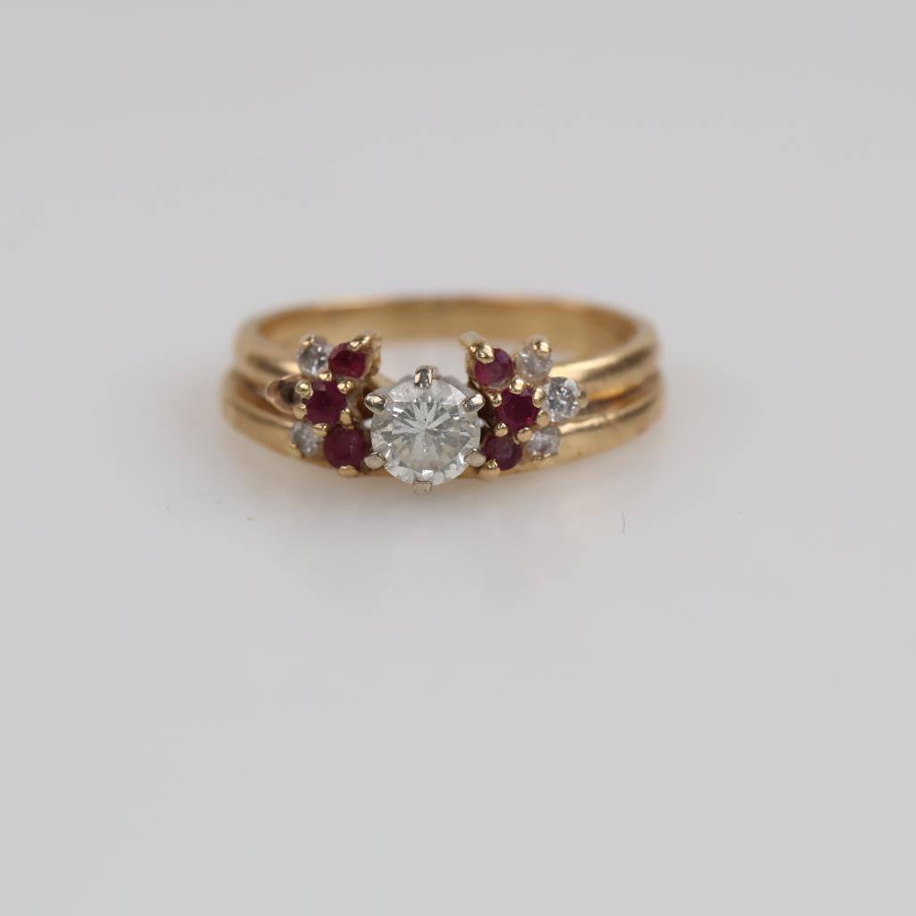 14kt Gold Diamond And Red Stone Wedding Set