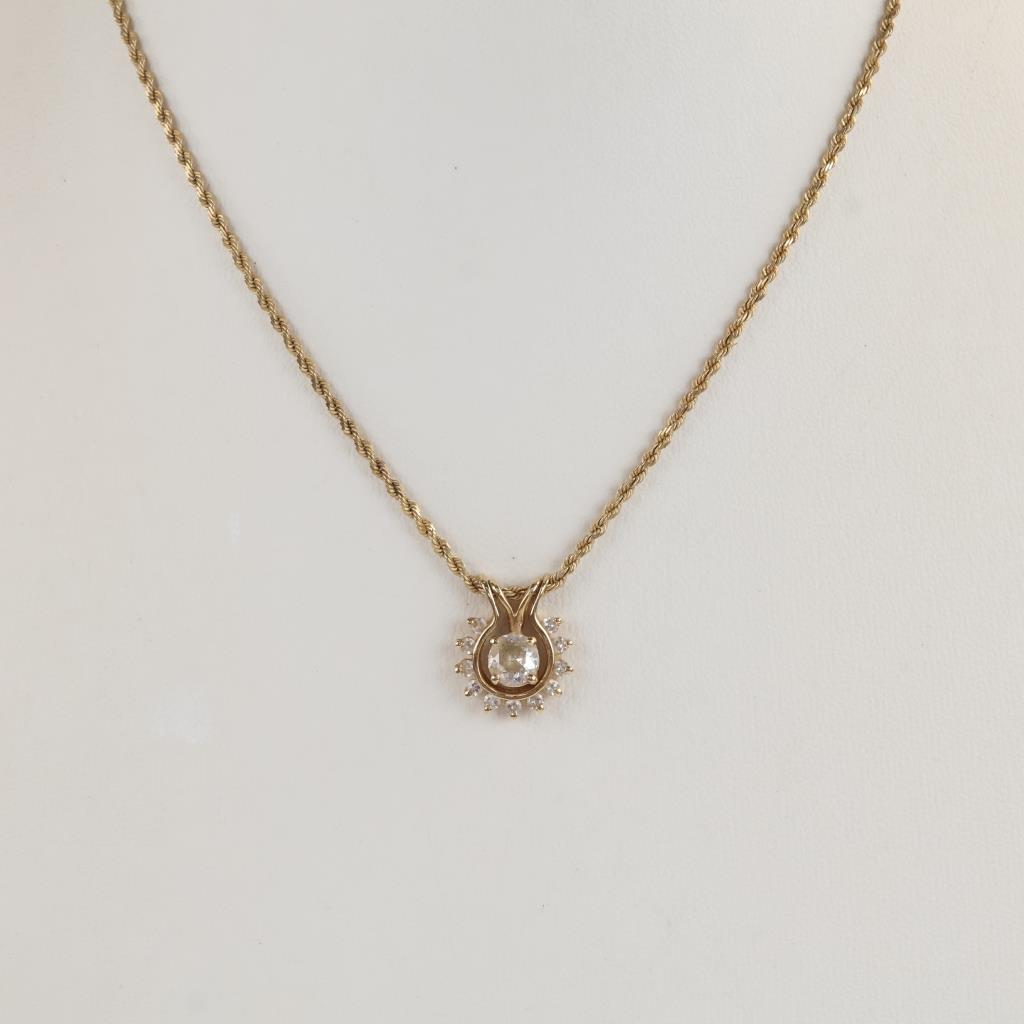 14kt Gold Diamond Pendant On 10kt Gold Rope Necklace