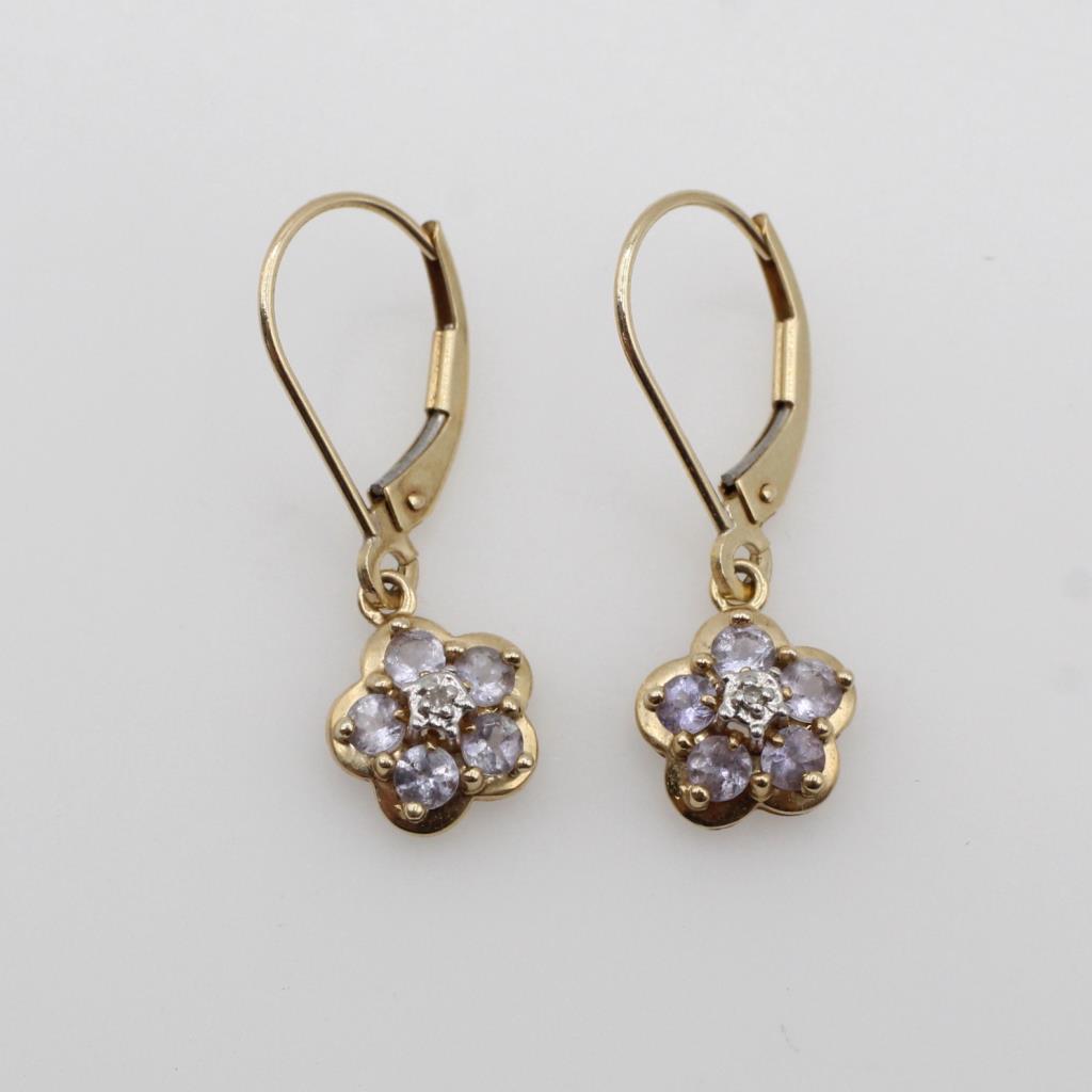 14kt Gold Diamond Purple Stone Flower Earrings