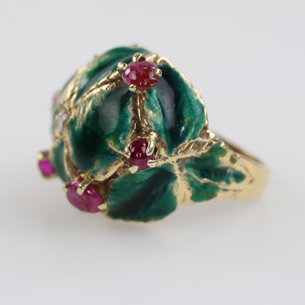 Cocktail Rng 14kt Gold Diamond Red Stone Cocktail Ring - PropertyRoom.com