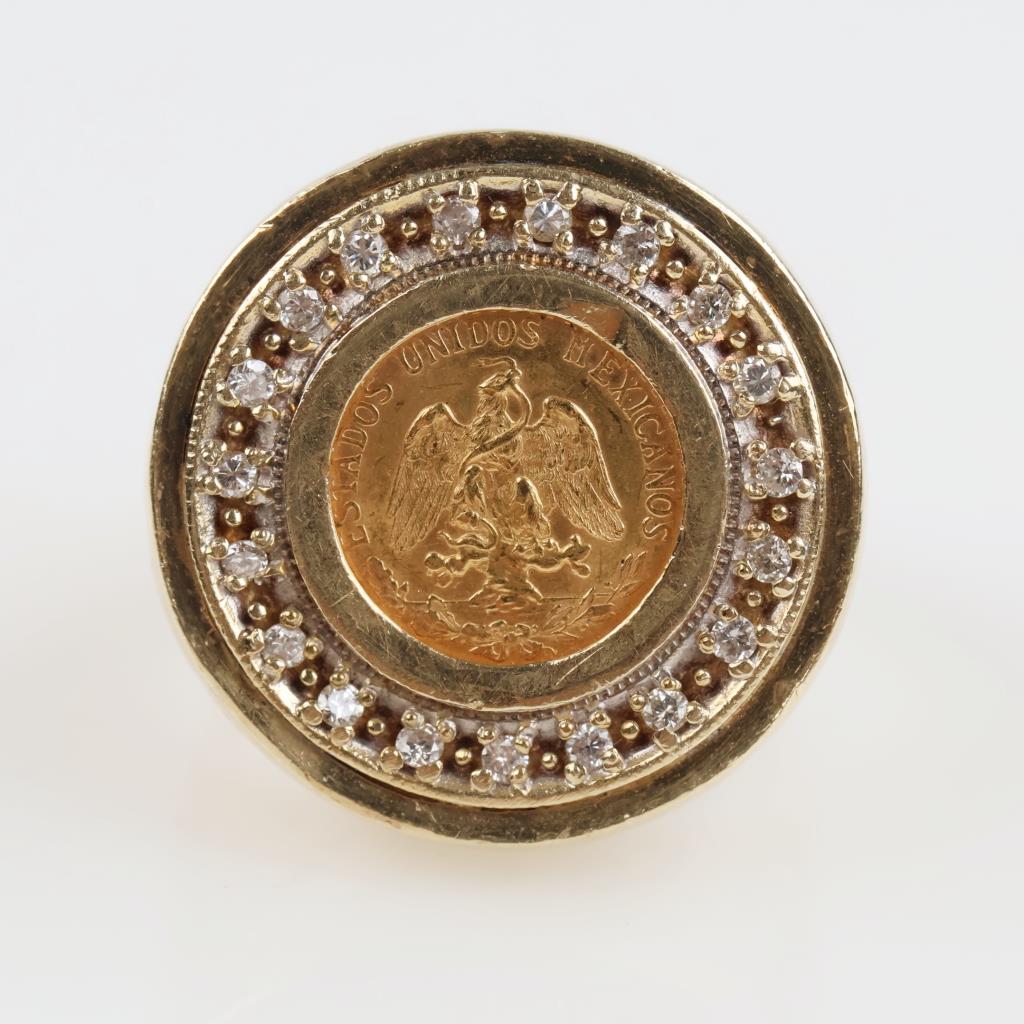 14kt Gold Diamond  Ring With Mexican Fine Gold Coin -Evaluated By Our Certified Gemologist-AGS/GIA