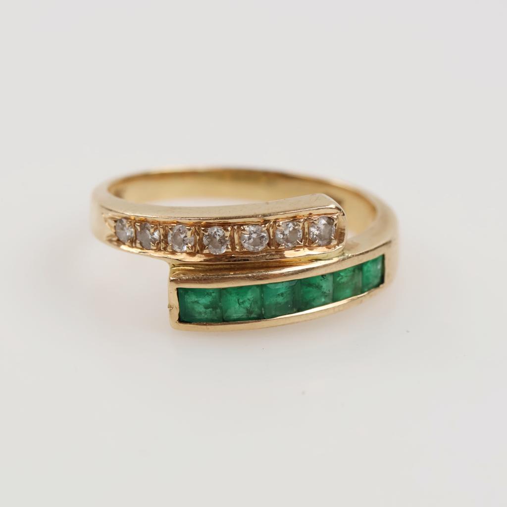 14kt Gold Green Emeralds And Diamond Accent Bypass Ring