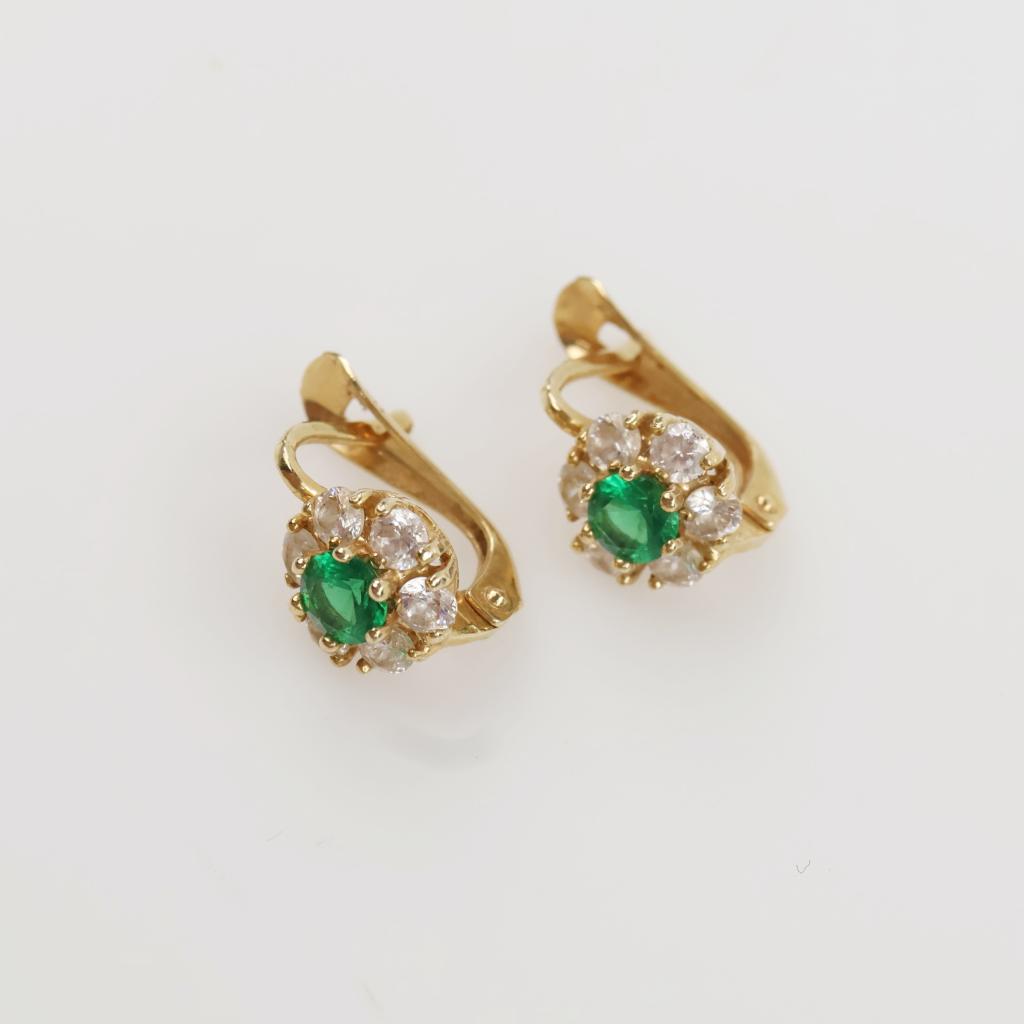 14kt Gold Green Stone Clear Stone Accent Earrings