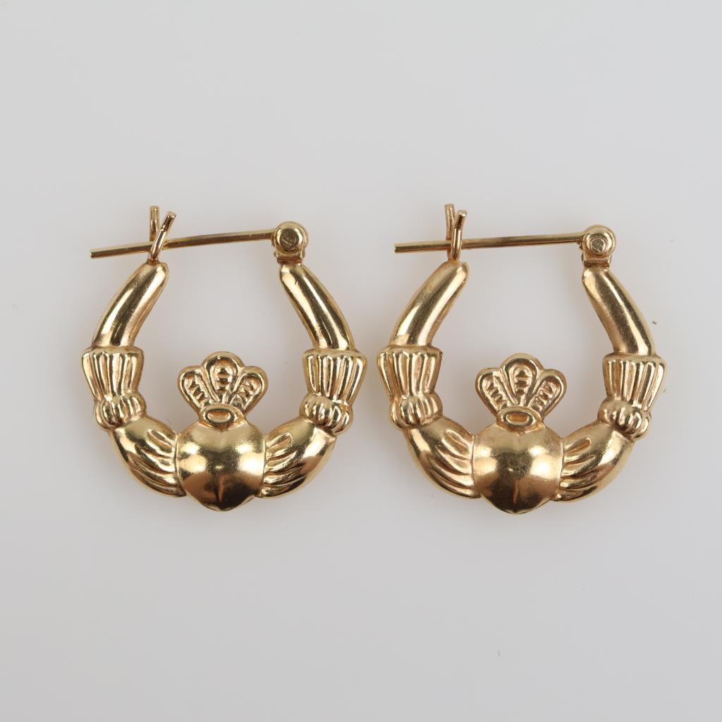 14kt Gold Hollow Claddagh Hoop Earrings