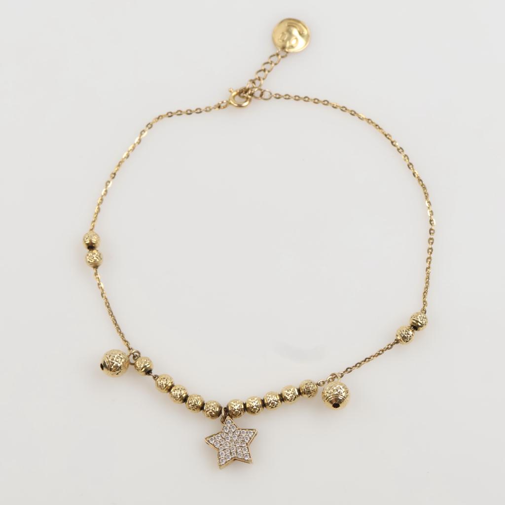 14kt Gold Hollow Round Bead Clear Stone Star Charm Accent Anklet