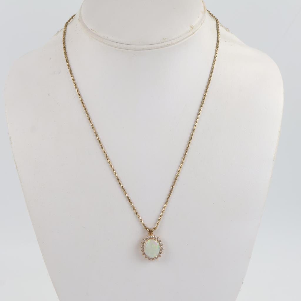 14kt Gold Necklace Opal And CZ Accent Pendant