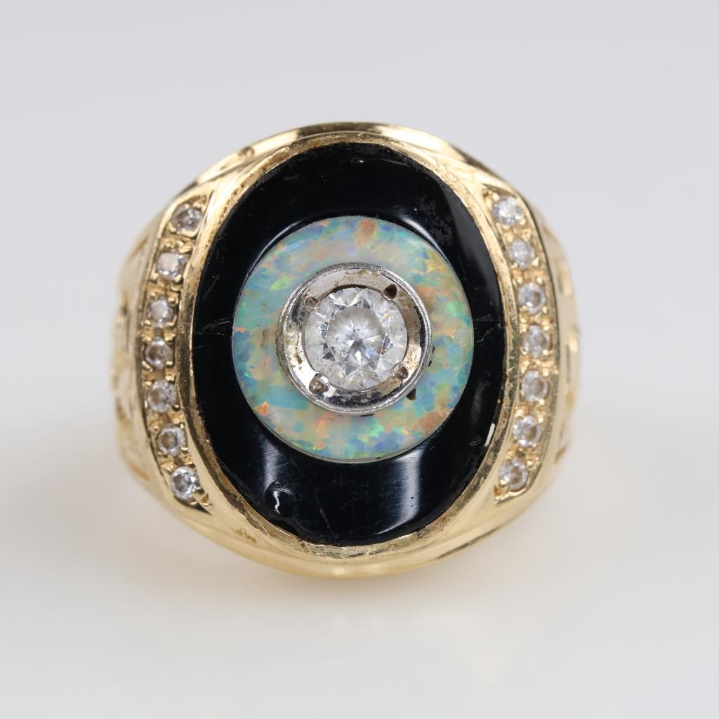 14kt Gold Onyx, Opal, Cubic Zirconia Ring