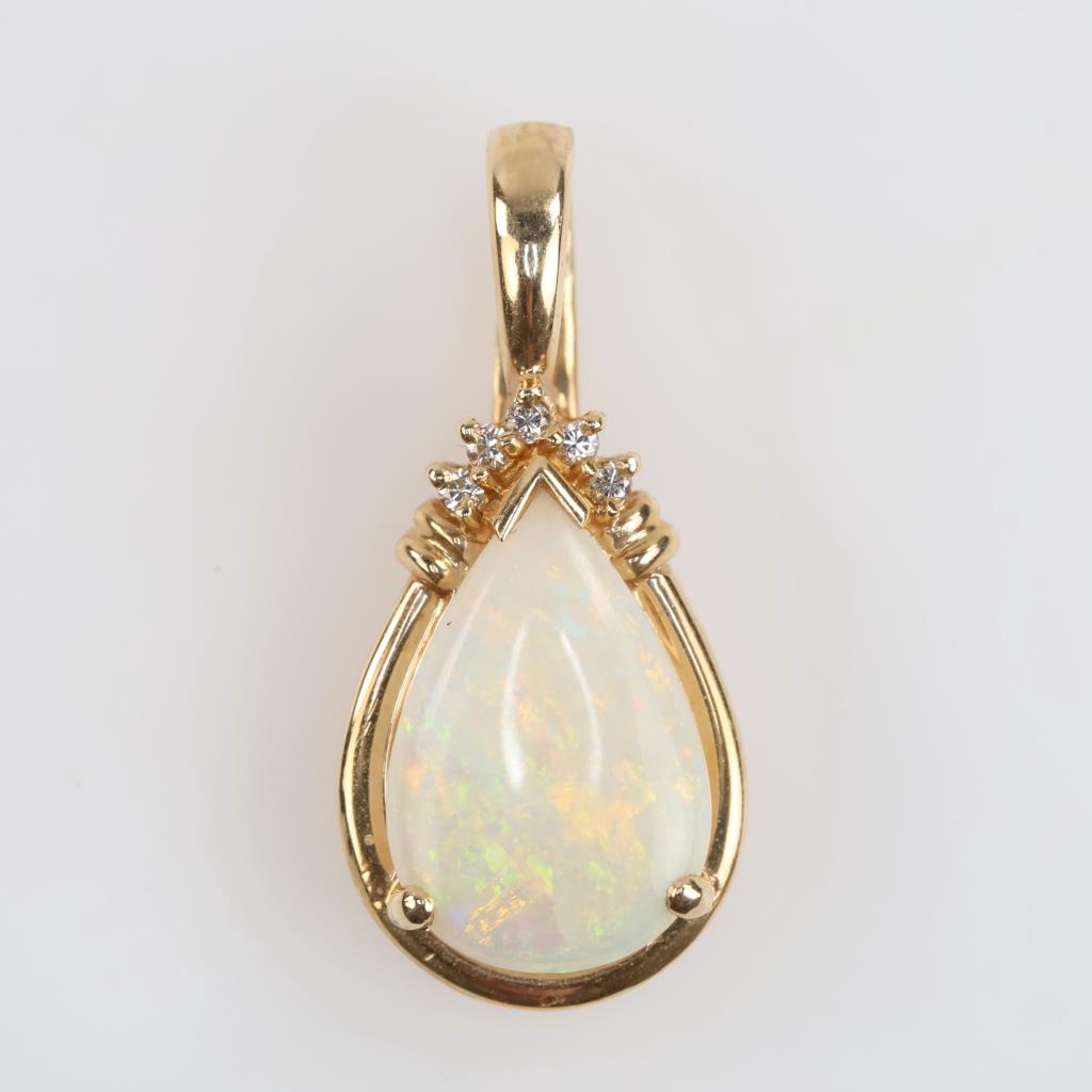 14kt Gold Opal Teardrop Diamond Accent Pendant