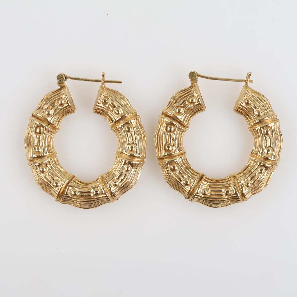 14kt Gold Ornate Hollow Hoop Earrings