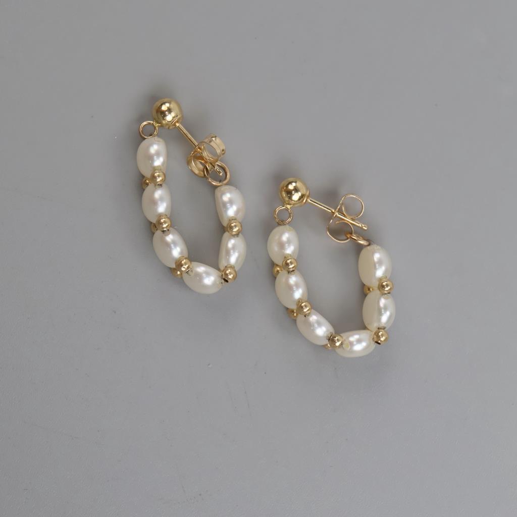 14kt Gold Pearl Hoop Earrings