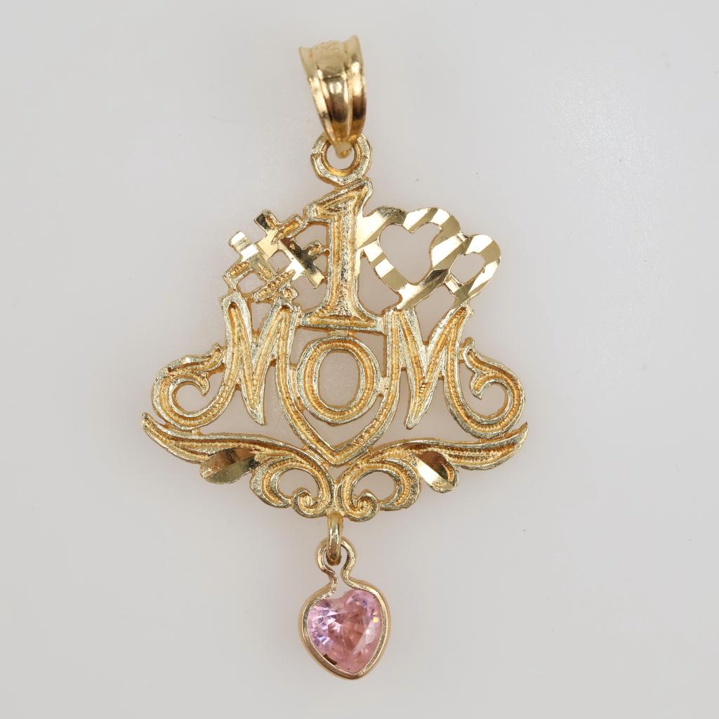 14kt Gold Pink Stone #1 Mom Pendant